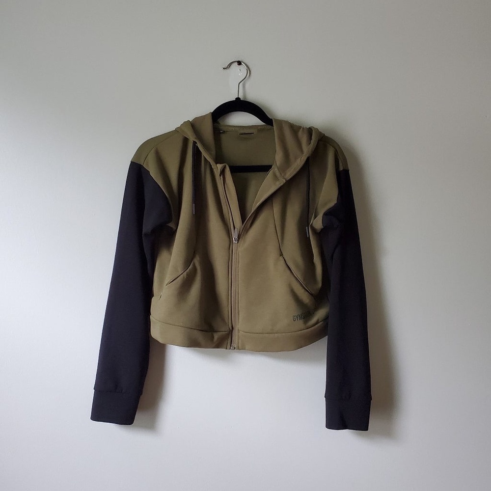 GYMSHARK | Army Green & Black Cropped Hoodie Jacket | S